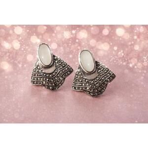 Vintage Art Deco Revival 9.25 Silver Mother of Pearl & Marcasite Stud Earrings